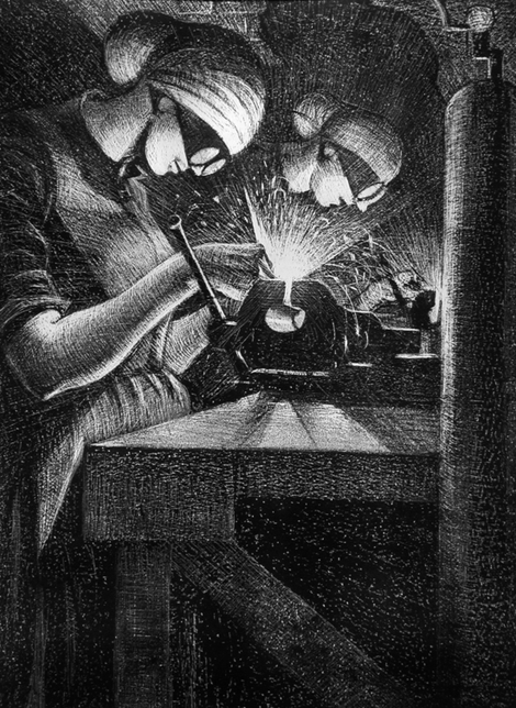 Christopher Nevinson, The Acetylene Welder, 1917, Lithograph. Source: Copyright David Cohen Fine Art/Mary Evans Picture Library.